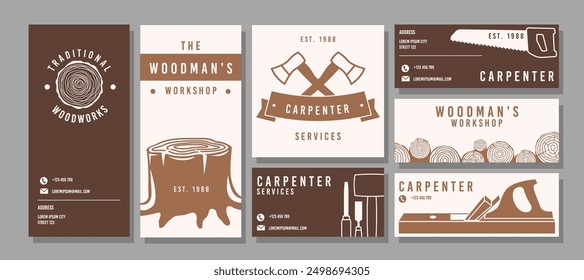 Carpenter service banners templates. Woodwork products, stump texture, lumberjack tools, annual tree rings, axes and saws, minimal style business cards, woodcutter posters tidy vector set