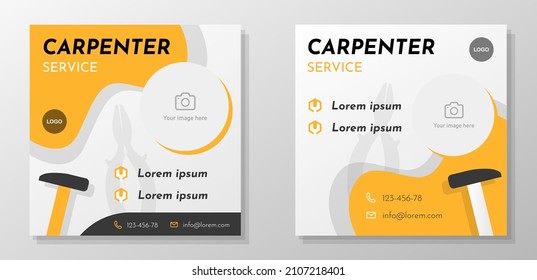 Carpenter service social media post banner set, handyman advertisement concept, woodworker abstract square ad, flyer leaflet concept, isolated.