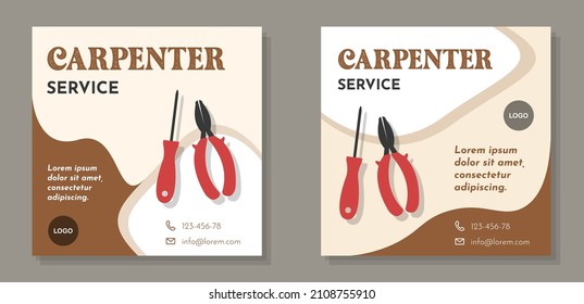 Carpenter service social media post banner set, technician business advertisement concept, handyman abstract square ad, technical worker tools flyer leaflet concept, isolated.