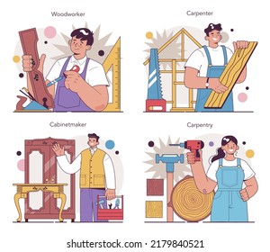 Carpenter set. Wooden furniture maker or designer. Home furniture construction, repair and assembly. Joinery and carpentry workshop. Flat vector illustration