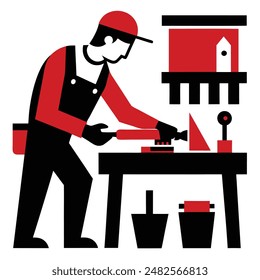 Carpenter setting up a workbench carpenter woodworker craftsman vector illustration