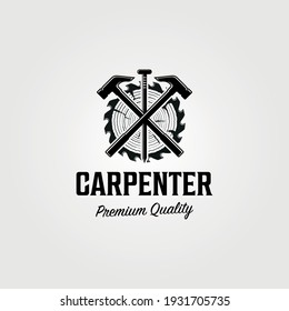 carpenter shop logo vintage vector symbol illustration design , woodworking hammer and nail steel symbol design