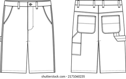 Carpenter Shorts Flat Technical Drawing Illustration Blank Workwear Streetwear Mock-up Template for Design and Tech Packs CAD Skate