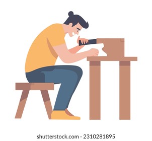 Carpenter sitting repairing with work tools isolated