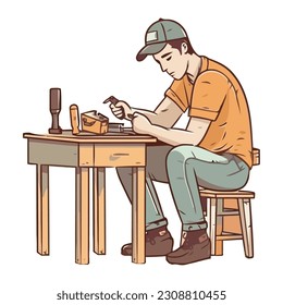 The carpenter sitting repairs the wooden table isolated