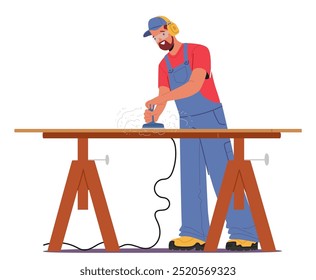 Carpenter Skillfully Sanding Wood On Workbench Capturing Art Of Carpentry And Craftsmanship In A Workshop Setting. Cartoon Vector Image Highlights Artistry And Dedication Involved In Crafting Process