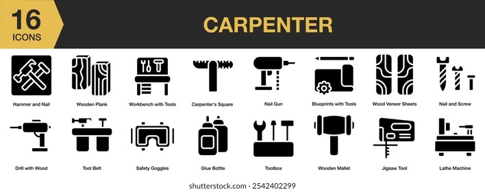 Conjunto de iconos sólidos de carpintero. Incluye plano, carpintero, taladro, botella de pegamento, martillo, clavo, herramienta de rompecabezas y más. Colección de Vector de iconos sólidos.