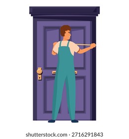 Carpenter taking measurements of a door frame using a measuring tape, preparing for installation or repair work