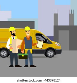 Carpenter talking with foreman or architect. Discussing work plan or blueprint for the object Flat style modern vector illustration.