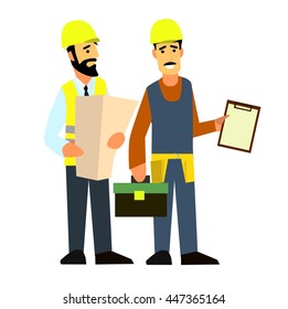 Carpenter talking with foreman or architect. Discussing work plan or blueprint. Flat style modern vector illustration.