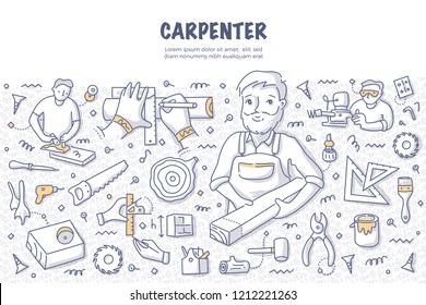 Carpenter with a timber plank. Doodle vector concept of carpentry, woodworking and handcraft. Illustration for web banners, hero images, printed materials