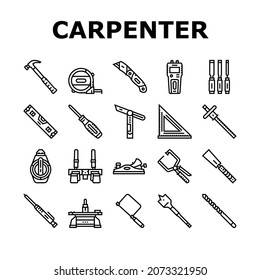 Herramienta Carpintero Y Vector De Juego De Iconos De Accesorios. Lápiz Carpintero Y Chisel, Vegetación Y Martillo, Bizbida Corrediza Y Equipo De Medición Del Medidor De Cinta. Ilustraciones de contorno negro de instrumentos de carpentaje