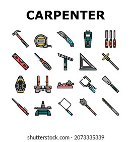 Carpenter Tool And Accessory Icons Set Vector. Carpenter Pencil And Chisel, Saw And Hammer, Sliding Bevel And Tape Meter Measuring Equipment Line. Carpenting Instrument Color Illustrations