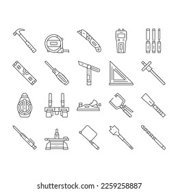 Herramienta Carpintero Y Vector De Juego De Iconos De Accesorios. Lápiz Carpintero Y Chisel, Vegetación Y Martillo, Bizbida Corrediza Y Equipo De Medición Del Medidor De Cinta. Ilustraciones de contorno negro de instrumentos de carpentaje