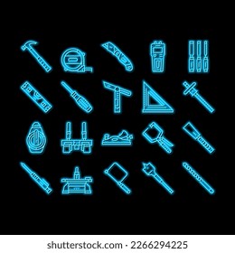 Carpenter Tool And Accessory neon light sign vector. Carpenter Pencil And Chisel, Saw And Hammer, Sliding Bevel And Tape Meter Measuring Equipment Line. Carpenting Instrument Illustrations