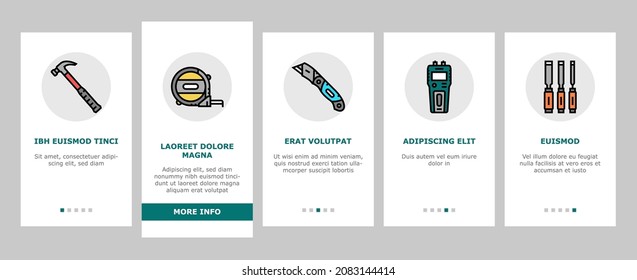 Carpenter Tool And Accessory Onboarding Mobile App Page Screen Vector. Carpenter Pencil And Chisel, Saw And Hammer, Sliding Bevel And Tape Meter Measuring Equipment. Carpenting Instrument Illustration