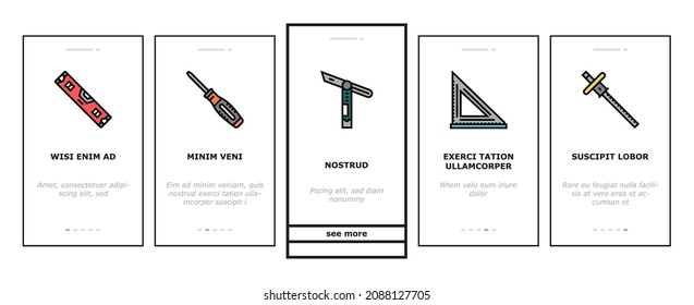 Carpenter Tool And Accessory Onboarding Mobile App Page Screen Vector. Carpenter Pencil And Chisel, Saw And Hammer, Sliding Bevel And Tape Meter Measuring Equipment. Carpenting Instrument Illustration