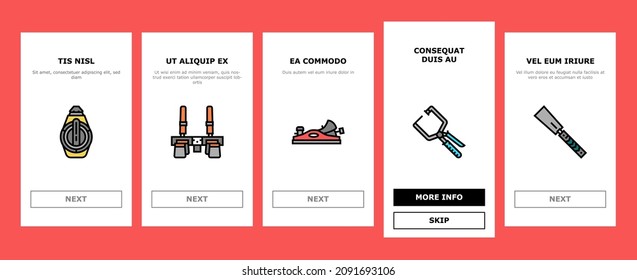 Carpenter Tool And Accessory Onboarding Mobile App Page Screen Vector. Carpenter Pencil And Chisel, Saw And Hammer, Sliding Bevel And Tape Meter Measuring Equipment. Carpenting Instrument Illustration