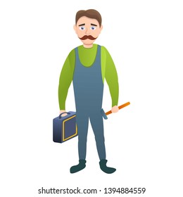 Carpenter with tool box icon. Cartoon of carpenter with tool box vector icon for web design isolated on white background