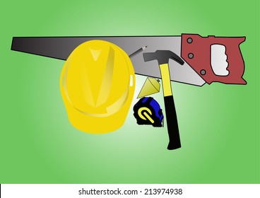 Carpenter in tool consists of a measure tape, saw, helmet safety, pencil, vertically.