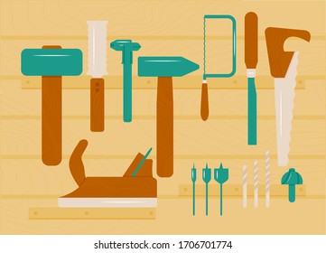 Carpenter tool kit on wooden background. hammer, handsaw, handsaw. Vector illustration. Flat design. As card, poster, advertising web banner