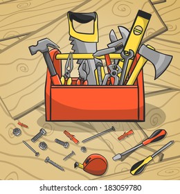 Carpenter toolbox with screwdriver hammer handsaw wrench and scattered instruments on a wooden background vector illustration