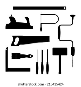 Carpenter tools. Black silhouette vector illustration.