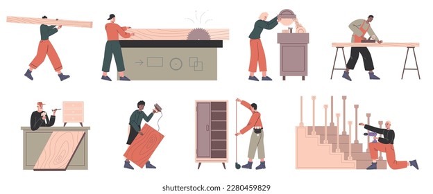 Carpenter with tools and blanks. Wooden workshop. People work with wood. Woodworking occupation. Professional craftsman with sawmills and drills. Furniture making process