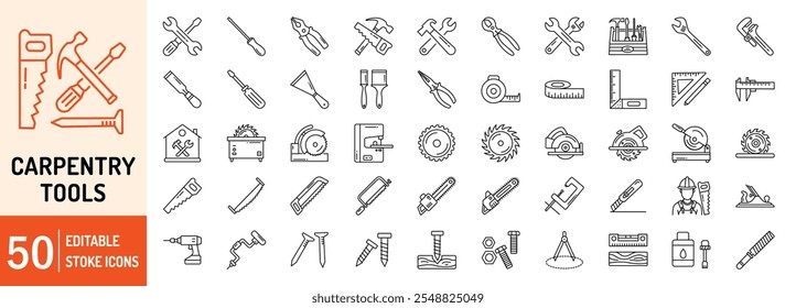 Conjunto de iconos web de contorno de trazo editable de las colecciones de Carpenter Tools. Carpintero, herramientas, sierra, martillo, destornillador, taladro, llave, destornillador, perno, tuerca y más… Ilustración vectorial