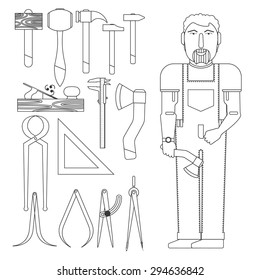 carpenter tools. Composition of stylized carpenter and set his working tools. version in lines.