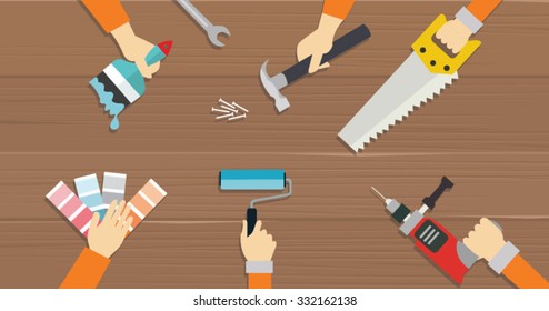 carpenter tools construction tool repair hands saw screw driver flat illustration vector