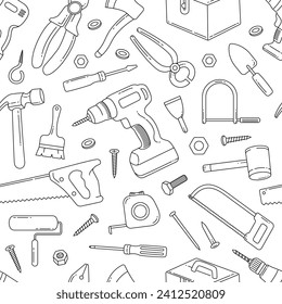Carpenter tools doodle hand drawn seamless pattern background