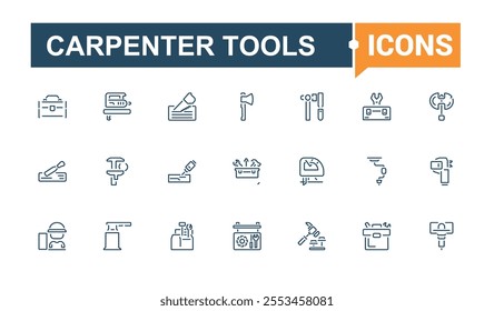 Carpenter Tools icon pack. Contains such icons as axe, home, carpentry, carpenter, equipment, service, construct and more. Thin linear style icons. Editable vector stroke.