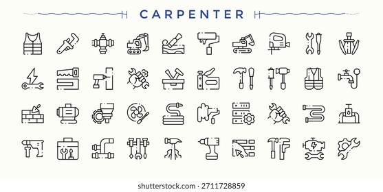 Symbolsatz "Tischlerwerkzeuge". Enthält Umrisssymbole wie Reparatur, Handwerker, Schreiner, Handwerk, Tischler und mehr. Tischler-Symbolsatz. Kollektion von Gliederungssymbolen. Bearbeitbare Vektorgrafik.