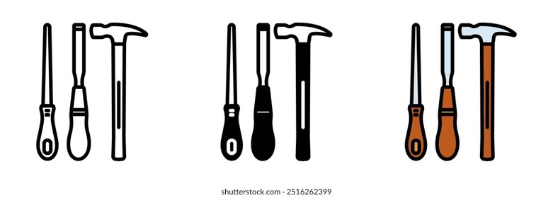 Carpenter Tools Icon, A set of tools including saws, hammers, and chisels, used by carpenters for woodworking, building, and repairs.