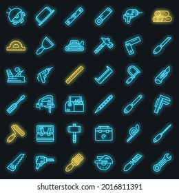 Carpenter tools icons set. Outline set of carpenter tools vector icons neon color on black