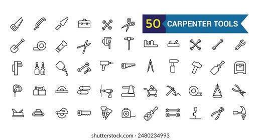 Carpenter tools icons set. Outline set of carpenter tools vector icons for ui design. Outline icon collection. Editable stroke.