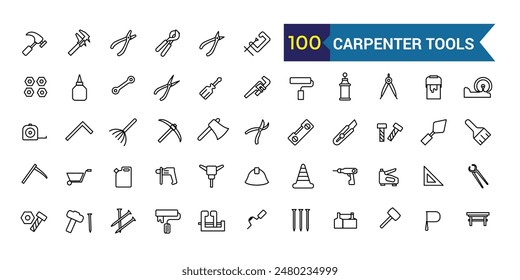 Carpenter tools icons set. Outline set of carpenter tools vector icons for ui design. Outline icon collection. Editable stroke.