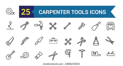 Carpenter tools icons set. Outline set of carpenter tools vector icons for ui design. Outline icon collection. Editable stroke.