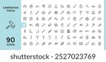 carpenter tools icons set. saw, wrench, Carpenter, tools, paint scale, driller, hammer and more, Outline icon collection for web and ui, Editable stroke, pixel perfect.