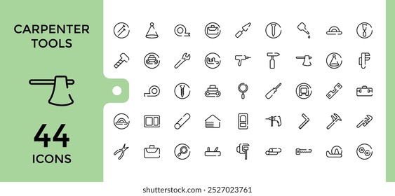 carpenter tools icons set. saw, wrench, Carpenter, tools, paint scale, driller, hammer and more, Outline icon collection for web and ui, Editable stroke, pixel perfect.