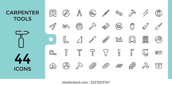 carpenter tools icons set. saw, wrench, Carpenter, tools, paint scale, driller, hammer and more, Outline icon collection for web and ui, Editable stroke, pixel perfect.