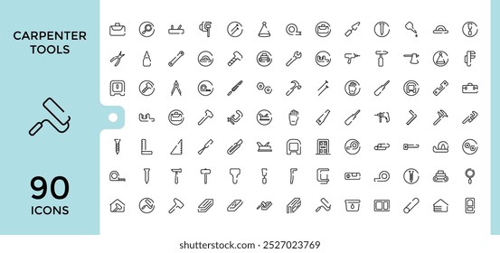 Tischler Werkzeuge Icons gesetzt. Säge, Schraubenschlüssel, Tischler, Werkzeuge, Malmaßstab, Bohrer, Hammer und mehr, Outline-Icon-Sammlung für Web und ui, Bearbeitbarer Strich, Pixel perfekt.