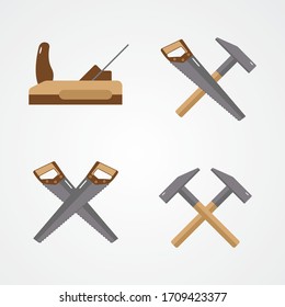 Carpenter tools isolated on white background. Set flat icons. Saw, hammer, plane.  Vector illustration. 