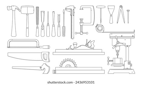 Carpenter Tools Isolated Vector Outline Icons Set. Hammers, Nails, Saw, Chisel, Measuring Tape, Spatula, Screwdriver