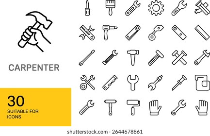 Carpenter tools line icons isolated on a white background