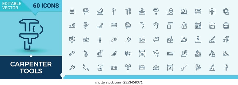 Carpenter Tools line web icon set. Includes icons for mechanic, industry, tools, construction, wood and more. Minimal linear icons. Editable stroke.