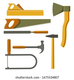 Carpenter tools set in flat style isolated on a white background. Services construction, decoration, repair of houses, offices. Sales and rentals building instruments