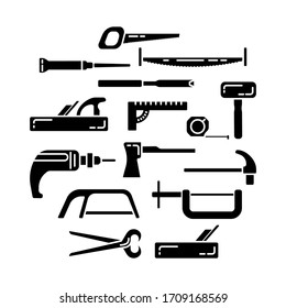 Carpenter tools set isolated on white background. Black icons for construction, decoration, repair services. Tool kits. Sale, rent. Hand tools.  Shop for locksmith, carpenter, foreman.