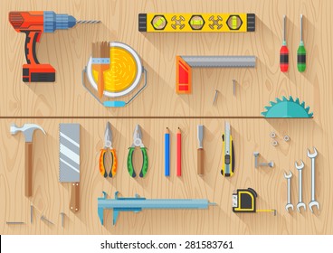 carpenter tools set use to construction renovation and repair on wood texture background. top view of flat design long shadow vector illustration.